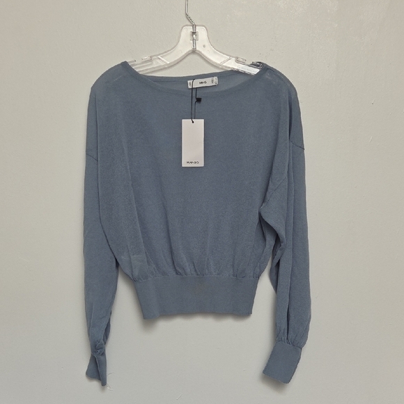 Mango Stone Silver Grsy  Boat Neck Bishops Long Sleeve Knitted Top Sz S Sweater - Picture 1 of 8